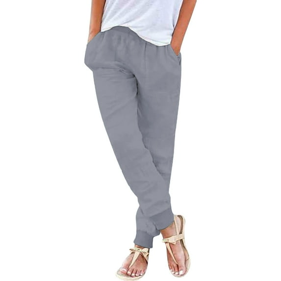 QIJUNTUO Women's Comfort Stretch Waist Casual Pants Cotton Linen Blend Trousers Relaxed Fit Everyday Wear With Functional Side Pockets Grey