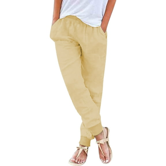 QIJUNTUO ​Women's Comfort Stretch Waist Casual Pants Cotton Linen Blend Trousers Relaxed Fit Everyday Wear With Functional Side Pockets​ Yellow