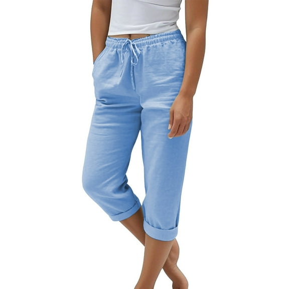 QIJUNTUO Women's Cotton Linen Blend High Waisted Wide Leg Trousers Elastic Drawstring Summer Lounge Casual Comfort Pants Blue