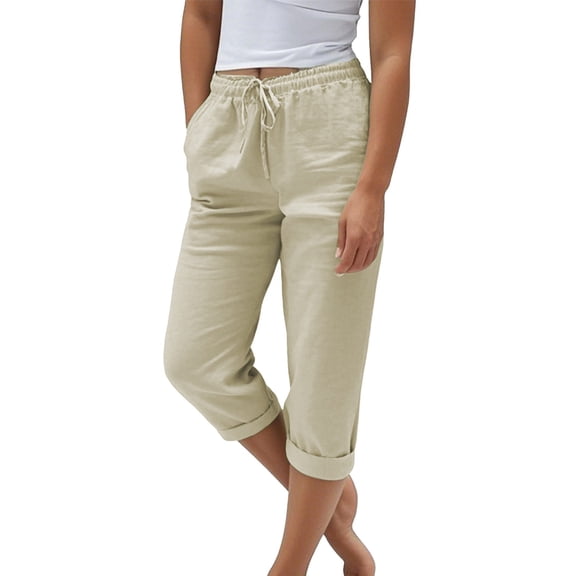 QIJUNTUO Women's Cotton Linen Blend High Waisted Wide Leg Trousers Elastic Drawstring Summer Lounge Casual Comfort Pants Khaki
