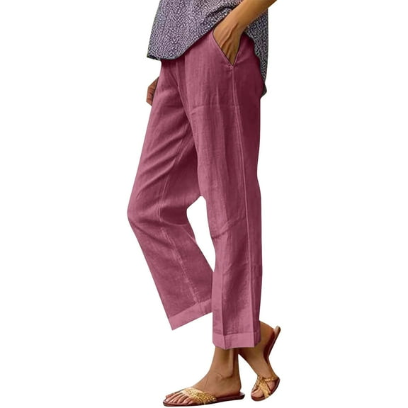 QIJUNTUO Women's Cotton Linen Blend Patchwork Pocket Lounge Pants Loose Fit Bohemian Style Comfort Casual Trousers Wine