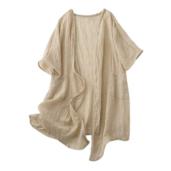 QIJUNTUO Women's Cotton Linen Blend Relaxed Fit Short Sleeve Shirt With Chest Pocket Medium Length Casual Resortwear Top For Everyday Wear Khaki