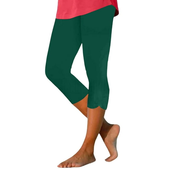 QIJUNTUO Women's Cropped High Waist Yoga Pants Soft Comfortable Solid Color Casual Lounge Leggings With Tummy Control Green