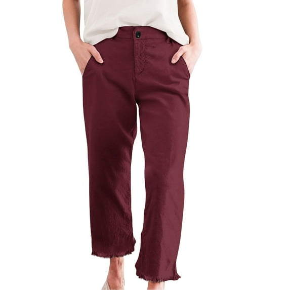 QIJUNTUO Women's Cropped Linen Pants High Waist Office Comfort Trousers Straight Leg Professional Attire With Pockets Business Casual Wine
