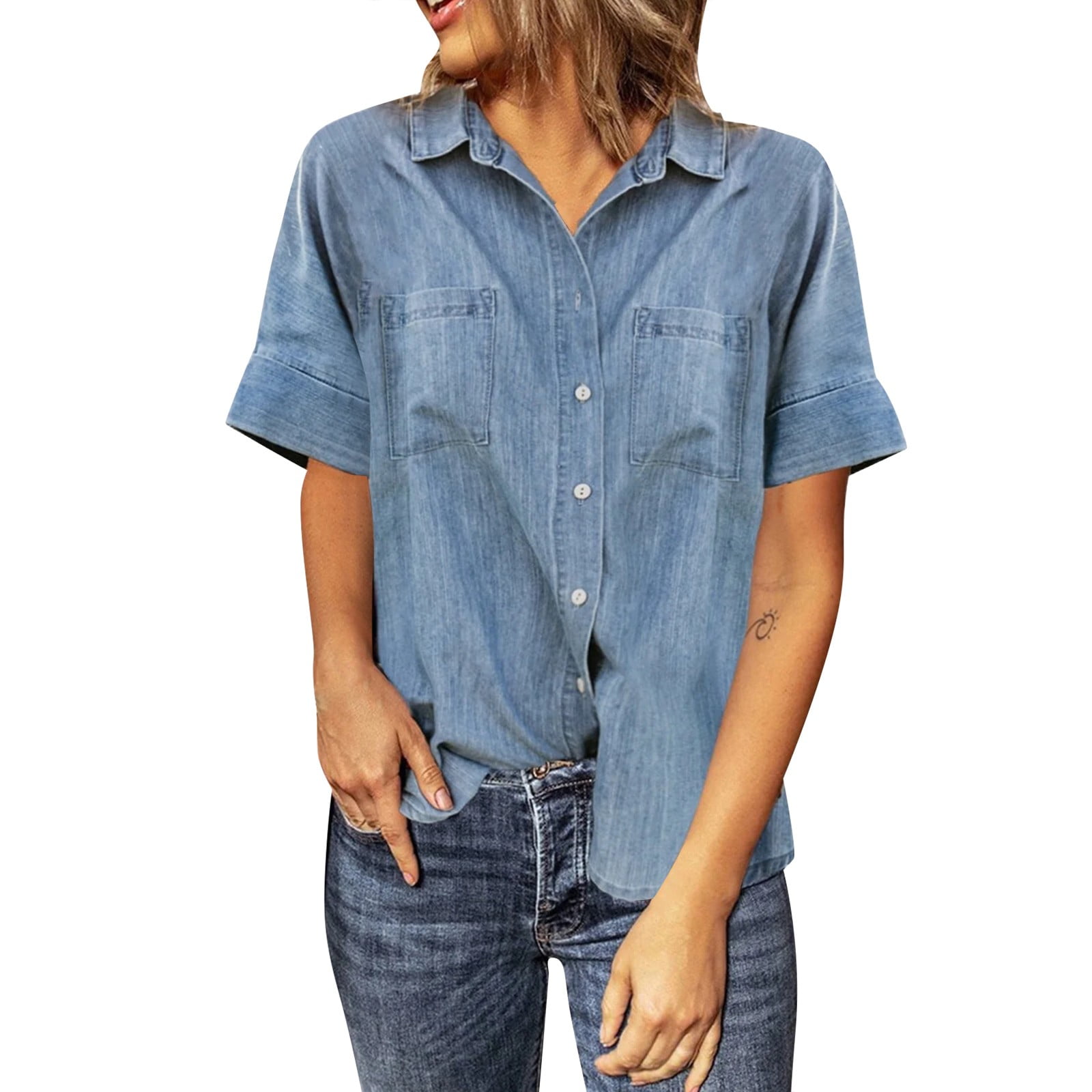 Chemisier Denim Seven7 Femme Taille S Bleu - Avec Poches Et Manches à Revers (occasion)