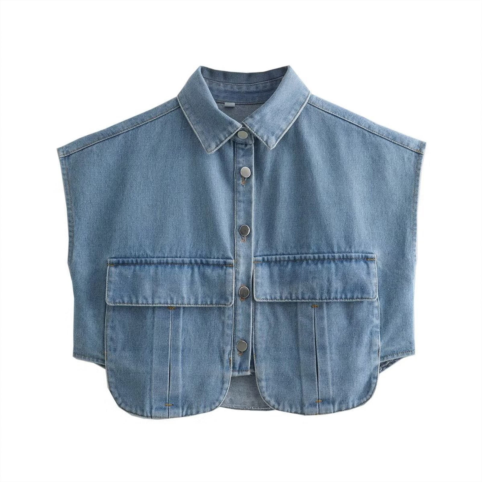 Denim cropped embellished shirt with pockets