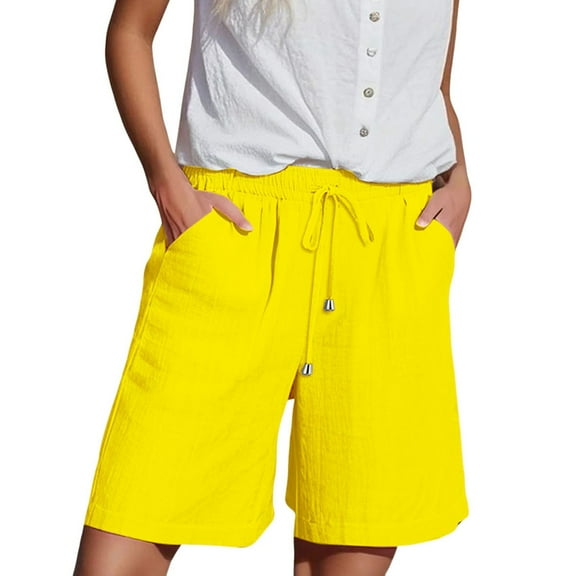 QIJUNTUO Women's Drawstring Waist Casual Solid Shorts Summer Breathable Shorts With Deep Side Pockets Perfect For Daily Wear And Lounge Yellow