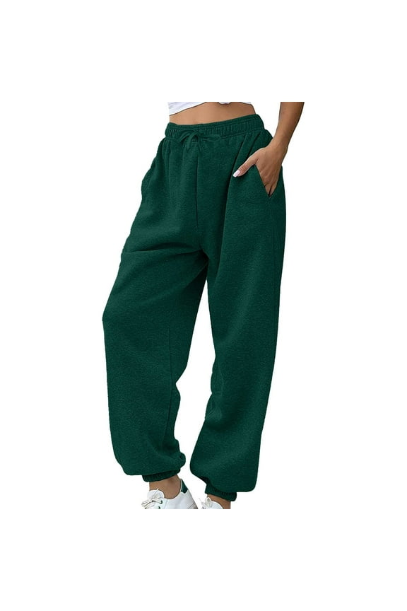 ​Women's Fleece Lined Thermal Sweatpants High Waist Jogger Winter Pants With Pockets Cozy Cold Weather Lounge Wear​ Green
