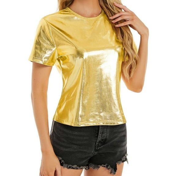 QIJUNTUO Women's Glossy Metallic Finish Party Top With Convertible Sleeves Gold