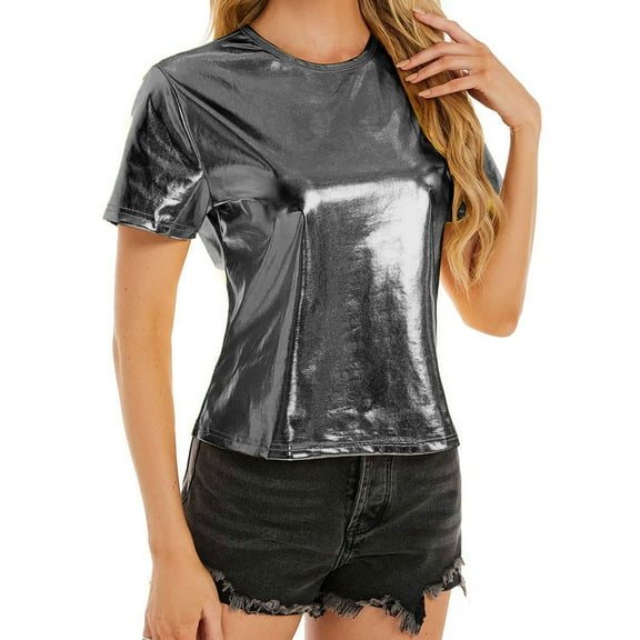 QIJUNTUO Women's Glossy Metallic Finish Party Top With Convertible Sleeves Grey
