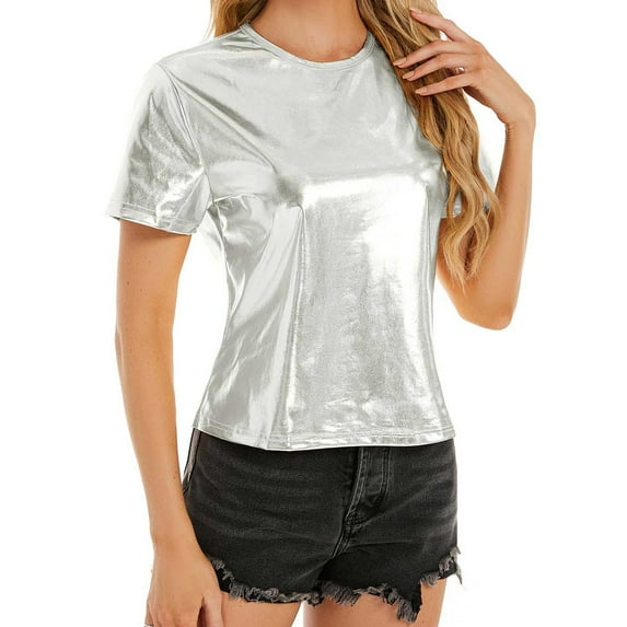 QIJUNTUO Women's Glossy Metallic Finish Party Top With Convertible Sleeves Silver