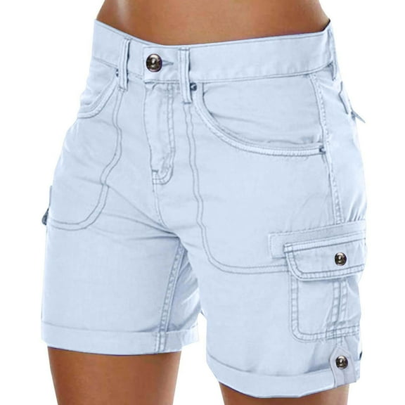 QIJUNTUO Women's High Waisted Retro Casual Stretch Shorts With Pockets Outdoor Comfort Elastic Waist Summer Pull On Light Blue