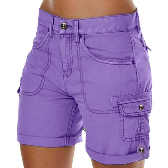QIJUNTUO Women's High Waisted Retro Casual Stretch Shorts With Pockets Outdoor Comfort Elastic Waist Summer Pull On Purple