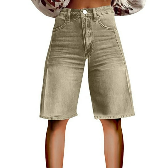 QIJUNTUO Women's High Waisted Vintage Flare Denim Shorts With Pockets Khaki