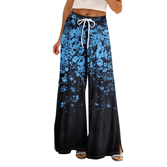 QIJUNTUO Women's High Waisted Wide Leg Palazzo Pants Resort Vacation Wear Comfortable Beach Trousers Petite Length Flowy Boho Attire Blue