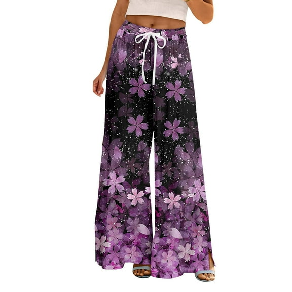QIJUNTUO ​Women's High Waisted Wide Leg Palazzo Pants Resort Vacation Wear Comfortable Beach Trousers Petite Length Flowy Boho Attire​ Purple