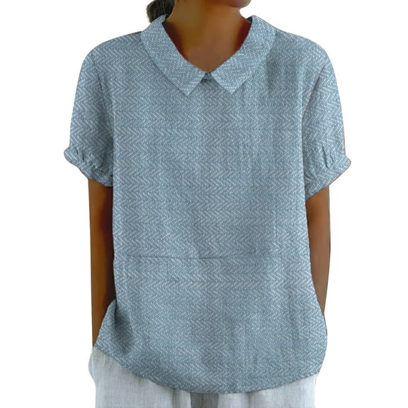 QIJUNTUO Women's Linen-Blend Artistic Lapel Floral Pullover Shirt With Convertible Neckline For Casual Styling Blue