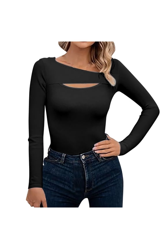 Women's Long Sleeve Slim Fit T-Shirt With Hollow Cutout Detail Sexy Form Fitting Top For Night Out And Club Wear Black