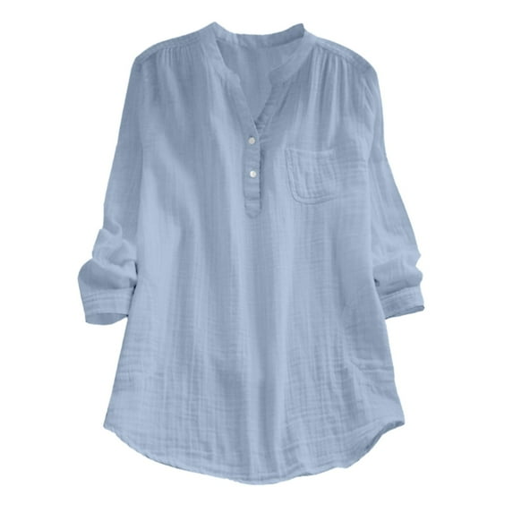 QIJUNTUO Women's Loose Fit Cotton-Linen Blend Pocket Tee With Roll-Up Sleeve Design T-Shirt Blue