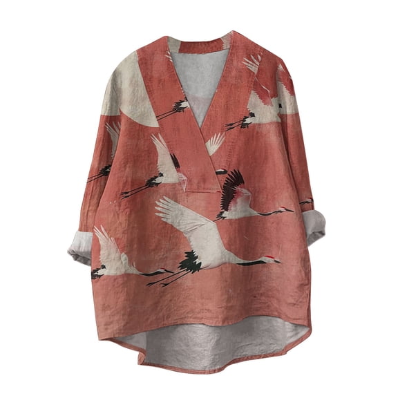 QIJUNTUO ​Women's Organic Cotton Linen Blend Tunic With V-Neck Design For Sustainable Fashion And Resort Wear Versatility​ Watermelon Red