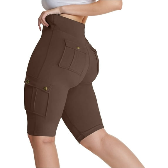 QIJUNTUO Women's Performance Compression Workout Shorts With Pockets High Waisted Yoga Activewear For Gym Running Knee Length Coffee