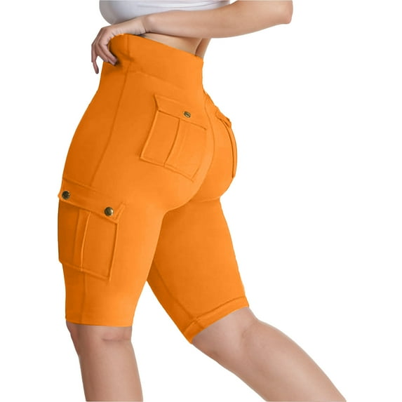 QIJUNTUO Women's Performance Compression Workout Shorts With Pockets High Waisted Yoga Activewear For Gym Running Knee Length Orange