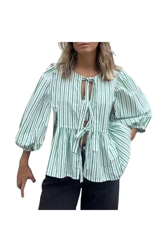 Women's Ruffled Peplum Top With Puff Sleeves And Tie Front For Wedding Guest Elegance And Garden Party Charm Mint Green