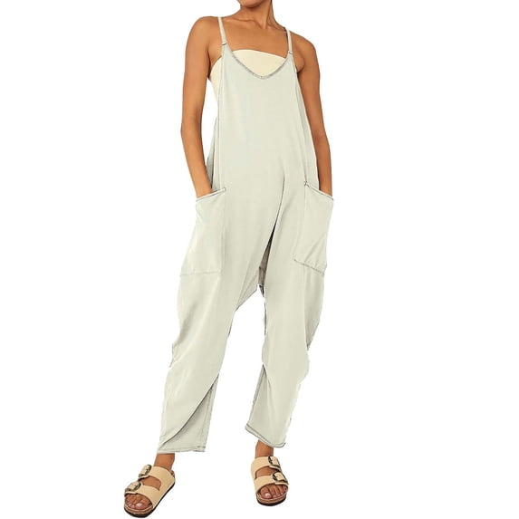 QIJUNTUO Women's Sleeveless Jumpsuit Romper With V Neckline Spaghetti Strap Overalls Long Pants Two Pockets Casual Summer Wear White