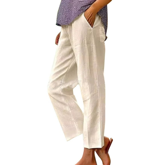 QIJUNTUO ​Women's Straight Leg Linen Pants High Waisted Drawstring Trousers Casual Comfort Fit Long Pants With Functional Pockets​ Beige