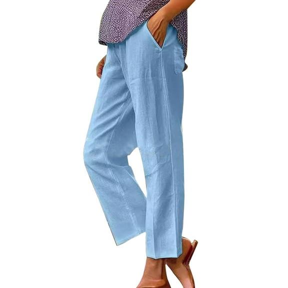 QIJUNTUO ​Women's Straight Leg Linen Pants High Waisted Drawstring Trousers Casual Comfort Fit Long Pants With Functional Pockets​ Blue