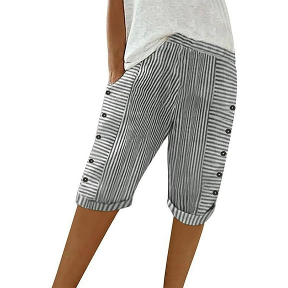 QIJUNTUO Women's Striped Casual Shorts Elastic Waist Cotton Linen Blend High Waist Summer Short Pants With Rolled Cuff Pockets Black