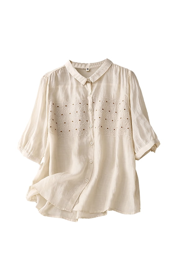 Women's Vintage Embroidered Linen Blend Shirt With Floral Stitching For Cottagecore Style And Artisan Markets Beige