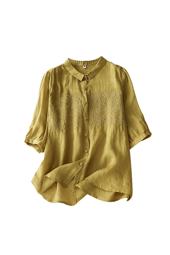 Women's Vintage Embroidered Linen Blend Shirt With Floral Stitching For Cottagecore Style And Artisan Markets​ Yellow