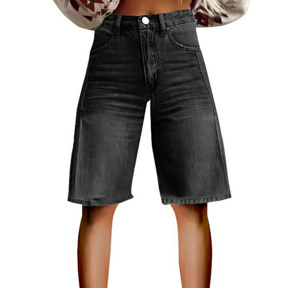 QIJUNTUO Women's Vintage Flare Denim Shorts With Stretch Waist & Side Pockets Black