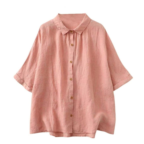 QIJUNTUO Women's Vintage Inspired Polyester Blend Short Sleeve Button Down Shirt Relaxed Fit Retro Style Casual Everyday Top For Spring Summer Pink