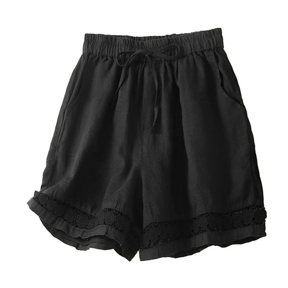 QIJUNTUO Women's Vintage Inspired Shorts With Lace Hem Detail Elastic Comfort Waist Summer Casual Shorts With Pockets Black