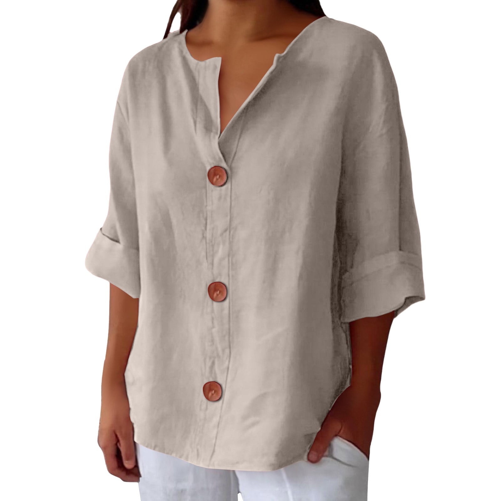 QIJUNTUO Womens Blouses Linen Shirts for Women Summer Cotton Linen V ...