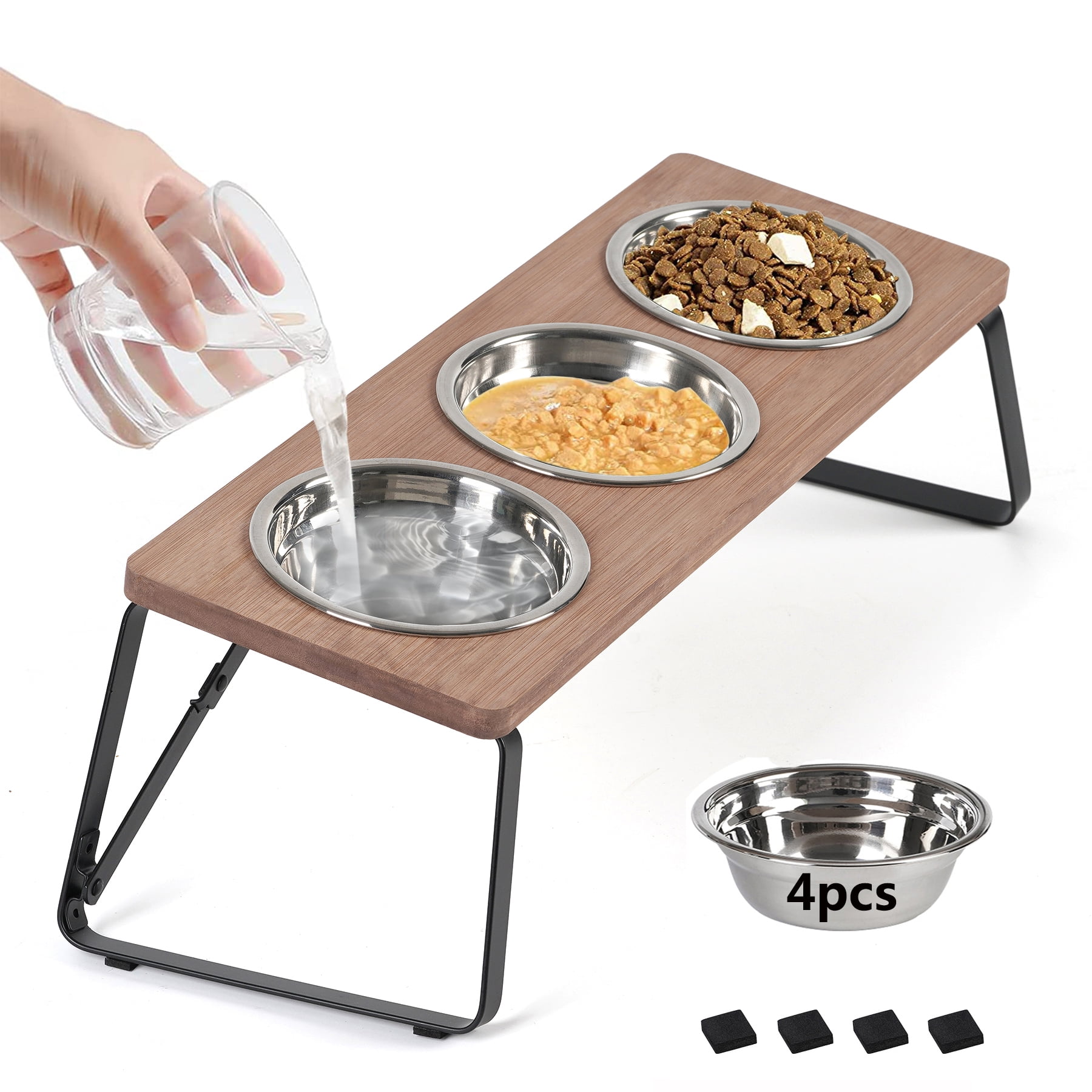 View of QILICHZ Foldable Raised Cat Bowl, Elevated Bamboo Pet Feeder, Shallow ...
