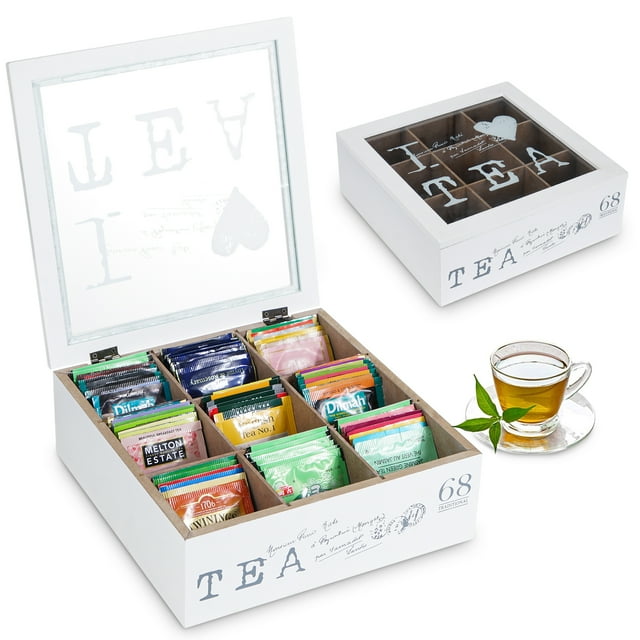 QILICHZ Tea Box Wood Tea Bag Organizer White Tea Bag Holder Tea Chest Caddy