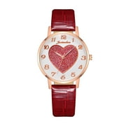 QILIN Women Heart-shaped Quartz Watch Casual Faux Leather Band Round Dial Wristwatch