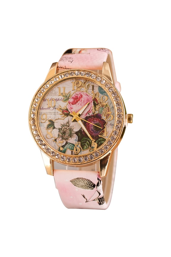 Women Rhinestone Inlaid Flower Round Dial Faux Leather Band Quartz Wrist Watch