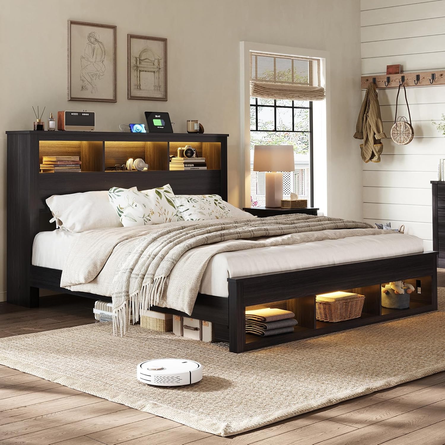 QIMEI Farmhouse King Size Bed Frame with Storage Bookcase Headboard and ...