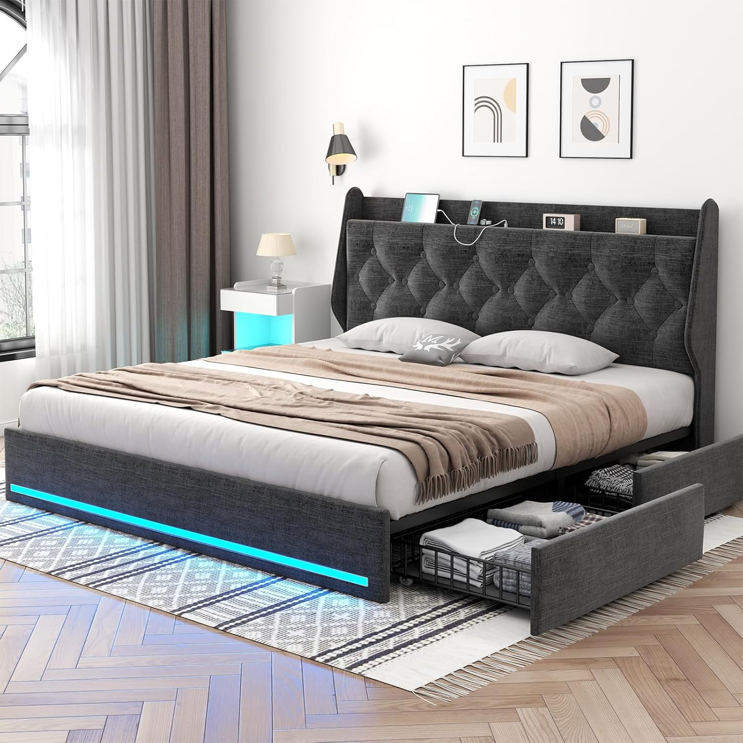 QIMEI King Bed Frame with 4 Storage Drawers & Charging Station ...