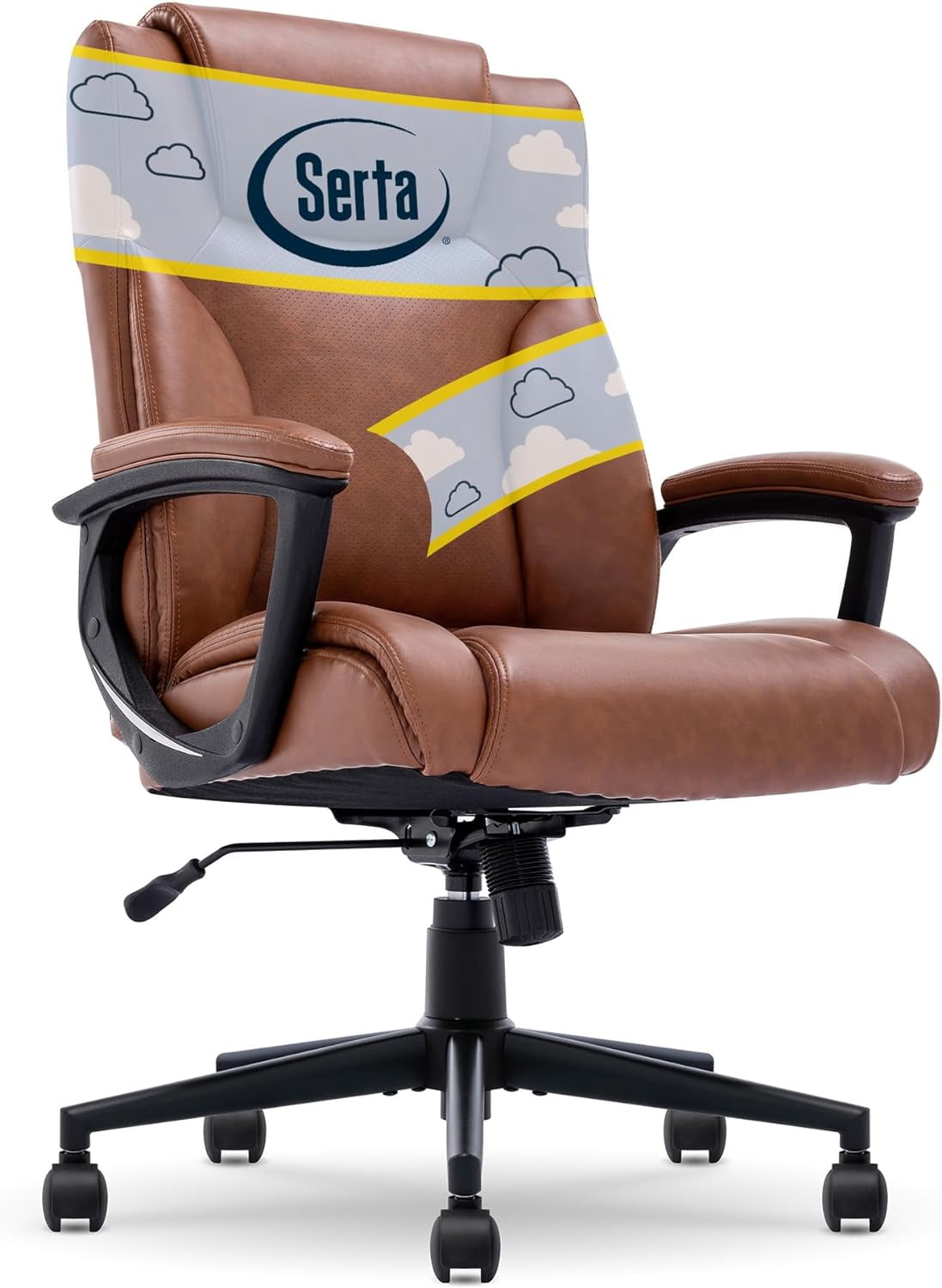 Cognac Bonded Leather Executive Swivel Chair with High Back and Fixed Arms