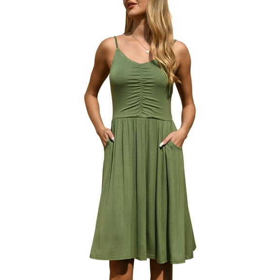 QINCAO Dresses for Women Sleeveless Summer Dress A Line Spaghetti Strap Sundresses with Pockets,L(12-14)