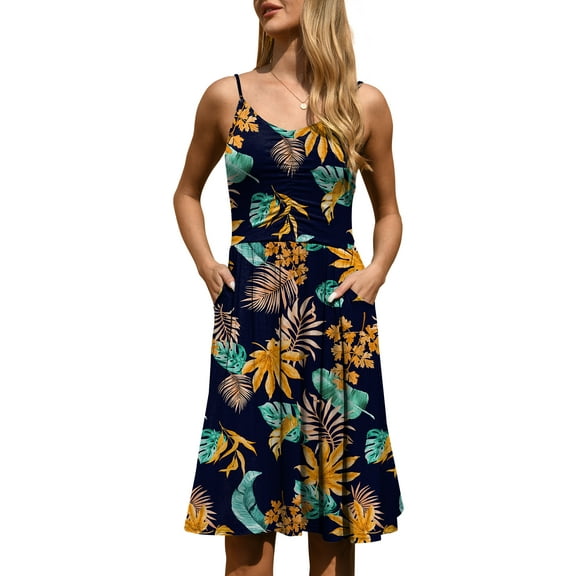 QINCAO Dresses for Women Sleeveless Summer Dress A Line Spaghetti Strap Sundresses with Pockets,S(4-6)