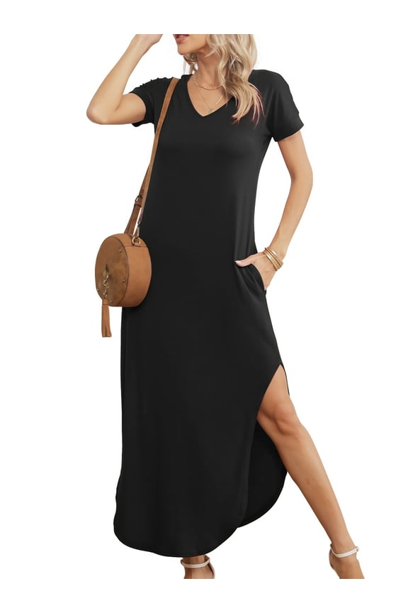 Maxi Dresses for Women Short Sleeve V Neck Casual Loose Long Split Dresses with Pockets,2XL(20-22)