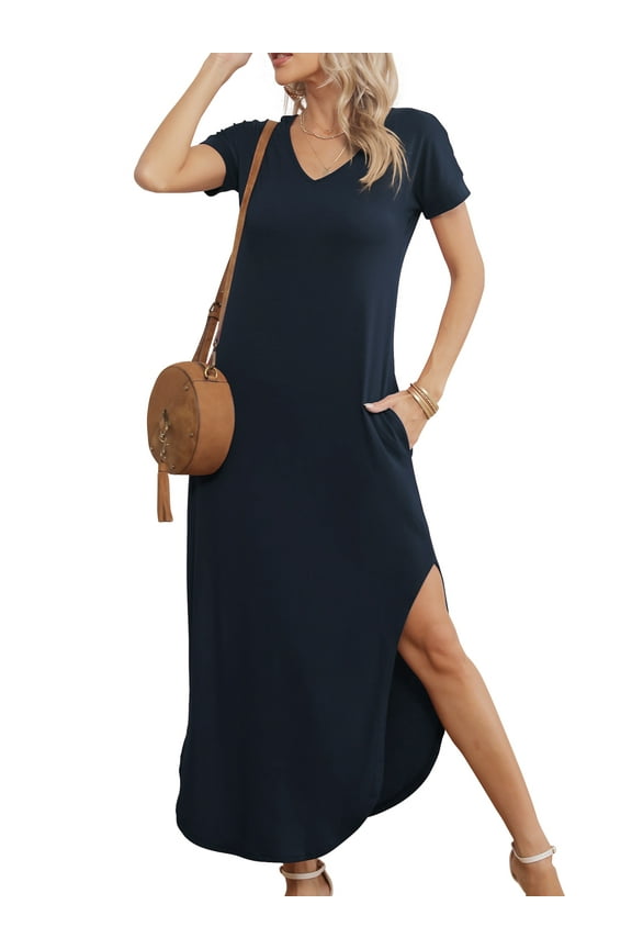 Maxi Dresses for Women Short Sleeve V Neck Casual Loose Long Split Dresses with Pockets,L(12-14)