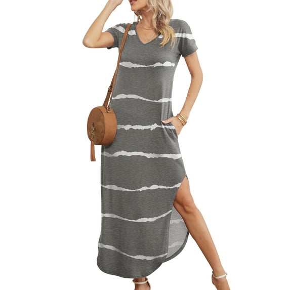 QINCAO Maxi Dresses for Women Short Sleeve V Neck Casual Loose Long Split Dresses with Pockets,L(12-14)