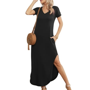 QINCAO Maxi Dresses for Women Short Sleeve V Neck Casual Loose Long Split Dresses with Pockets,L(12-14)